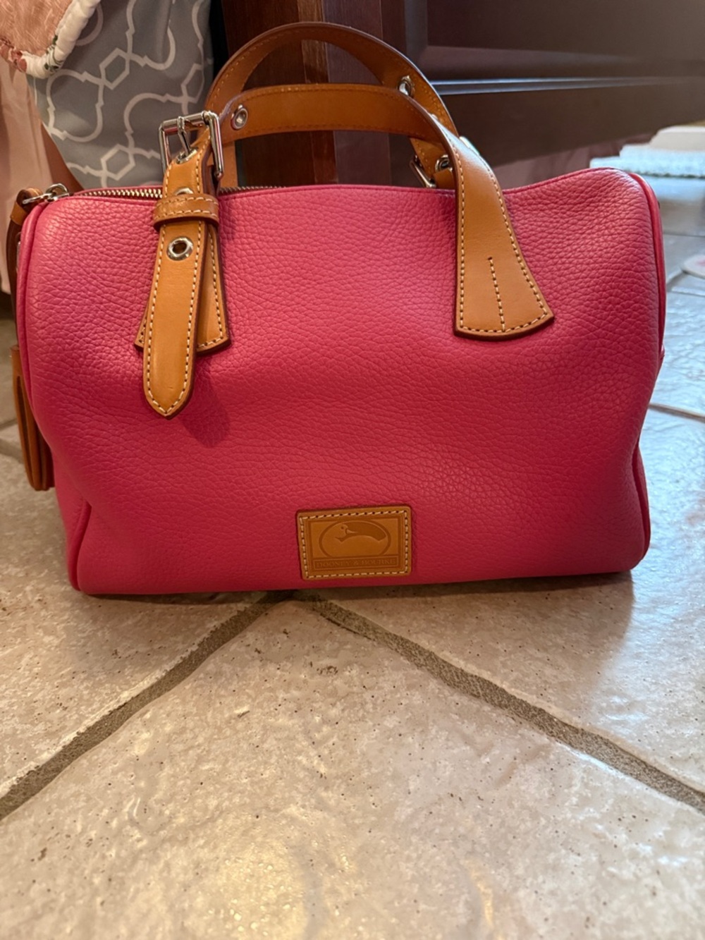 Dooney & Bourke Pink Pebble Leather Satchel with Tan Trim